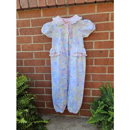 Vintage EVY Pastel Floral Ruffle Romper – Size 3T – Made in USA – 1990s Michelle Tanner Style