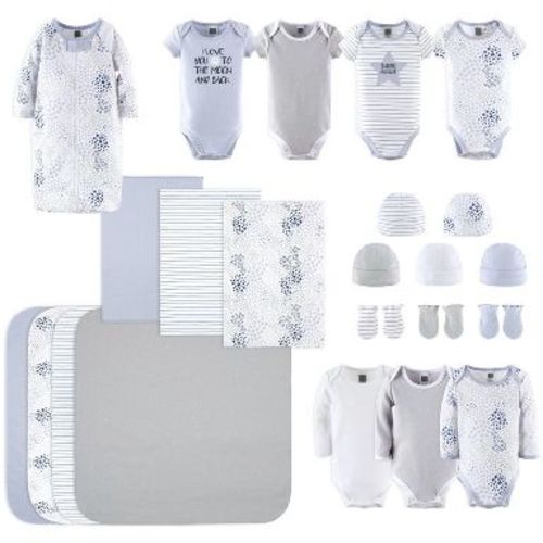 The Peanutshell Baby Girl or Boy Cotton Layette Set or Gift Set, To The Moon, 23-Pieces, Blue/Gray, 0-3 Months