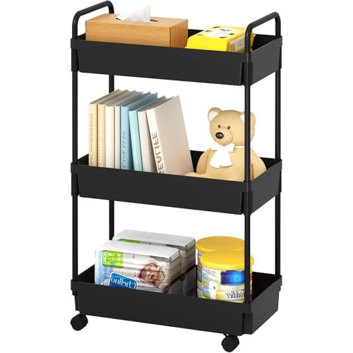 3-Tier Storage Cart，Shelf Organizer Mobile Shelving ，Utility Rolling Cart，Multifunction Movable Storage Organizer with Lockable Wheels,Black