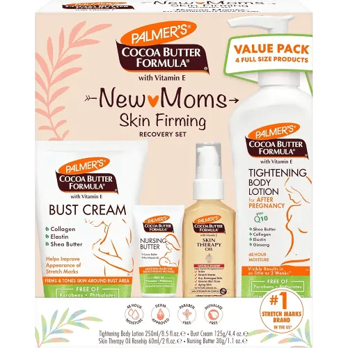 Palmer's Cocoa Butter Formula New Moms Skin Recovery Postpartum Essentials, Body Lotion (8.5 oz) + Nursing Butter (1.1 oz) + Bust Cream (4.4 oz) + Skin Therapy Oil (2 oz), Dermatologist Approved
