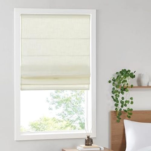 Madison Park Cordless Roman Shades, Linen Blend Blinds, 27x64 Ivory