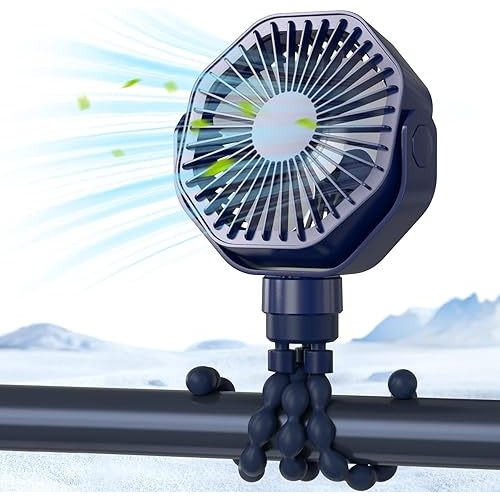 Lerat Portable Stroller Fan with Flexible Tripod, 3 Speeds Rechargeable Handheld Personal Fan, 360°Rotate Battery Operated Clip for Car Seat Crib Bike Treadmill Blue