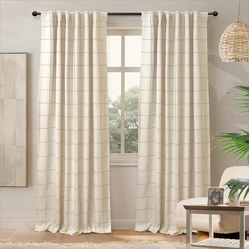 DriftAway 100% Blackout Plaid Linen Curtains 84 Inches Long 2 Panels Taupe | 100% Blackout, Linen Texture, Plaid Pattern, Two Layers, Rod Pocket & Back Tab, Bedroom Living Room Use, Luxury Appearance