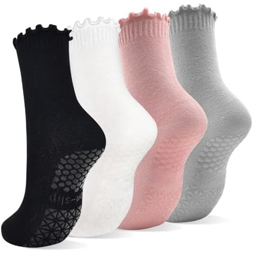 SkiBeaut Pilates Yoga Grips Socks, 4 Pairs Non Slip Skid Women Reformer Hospital Sticky Socks for Elderly Pregnancy Lady