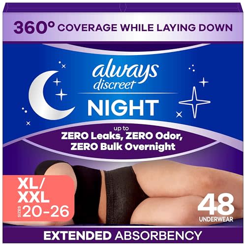 Always Discreet Night, Reimagined Adult Diapers for Women, Extended Overnight Absorbency Incontinence and Postpartum Underwear Size XL/XXL, 360 Degree Coverage While Laying Down, 48 Count​