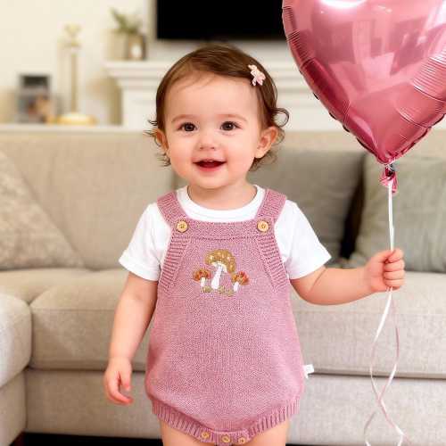 Embroidered Mushroom Baby Strap Romper, Knit Cotton Baby Bodysuit , Newborn Coming Home Outfit