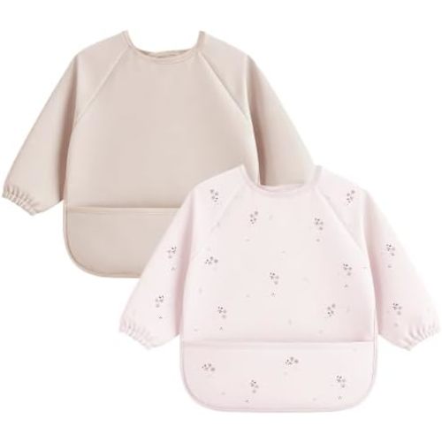 Bearmoss Baby Long Sleeve Bib Waterproof Front Crumb Pocket 2 Pack