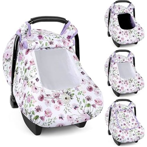 Baby Car Seat Cover Winter, Windproof Carseat Covers for Newborn with 2 Layers Window, Purple Flowers Infant Car Seat Canopy for Boys and Girls with Minky Dot Backing, Keeps Babies Warm and Cozy