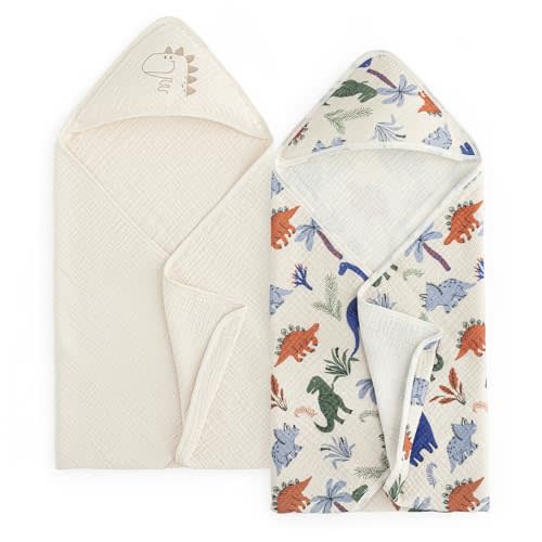 david's kids 2 Pack Hooded Baby Towels, Large 32"x32", 6 Layer 100% Muslin Cotton Highly Absorbent Boy Bath Towel for Newborn, Infant and Toddler, Soft and Breathable Baby Essentials, Dinosaur Story