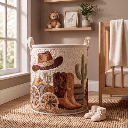 Western Cowboy Boot Laundry Basket, Quilted Hat Cactus Hamper, Rodeo Nursery Storage Bin, Ranch Home Decor, Country Gift