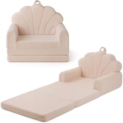Blissful Diary Foldable Kids Couch, 2-in-1 Kids Sofa Chair, Beige Shell