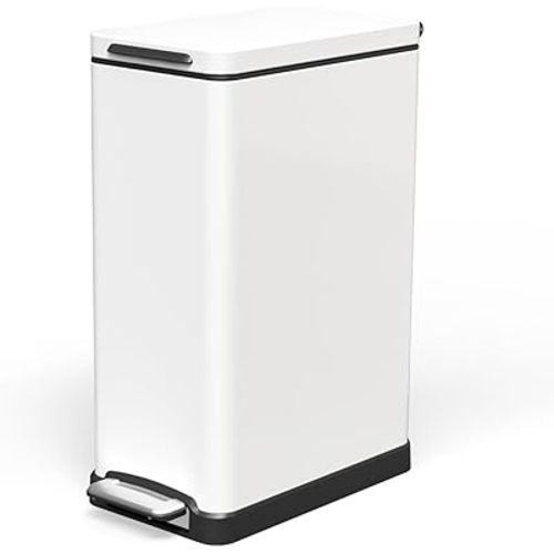 Home Zone Living 12 Gallon Slim Kitchen Trash Can with Soft Close Lid, Step Pedal, Bag Tuck Band, and Removable Liner, Stainless Steel, Matte White, V2