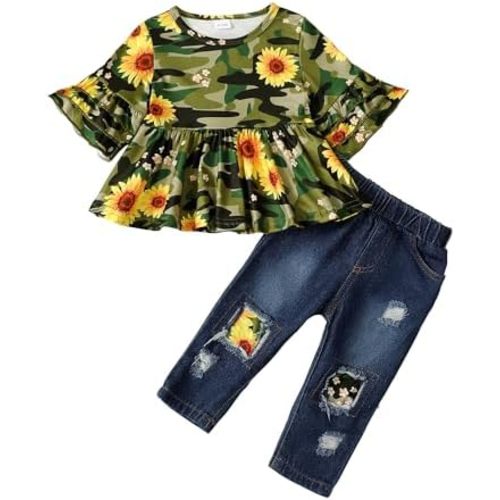 NZRVAWS Toddler Baby Girl Clothes Infant Print Colorful Ruffle Outfits Fall winter Top Ripped Jeans Pant Set Clothing 6M-5T