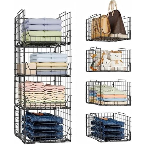Stackable Closet Organizers and Storage Bins 4 Pack, Sturdy Metal Clothes Storage Container for Clothes Pants Sweaters, Black Folded Drawer Shelf Organizer for Closet Wardrobe