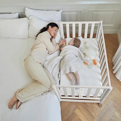 EvoNook 6-in-1 Convertible Mini Crib - Easy Assembly, Portable Folding Baby Mini Crib with Mattress, 100% New Zealand Wood, 4 Adjustable Mattress Heights, White with Mattress