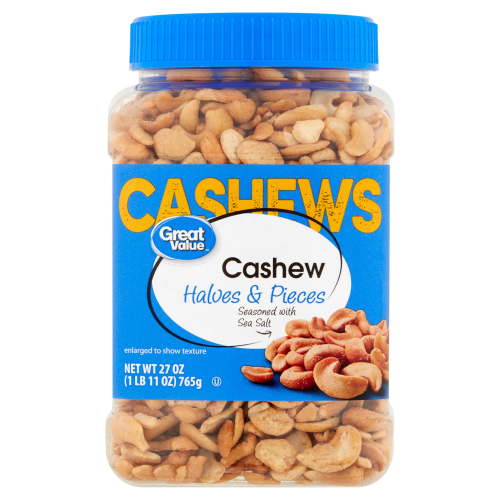 Great Value Roasted and Salted Cashew Halves and Pieces 27 oz Healthy Snack with Protein