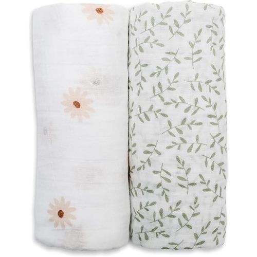 Lulujo Baby Swaddle Blankets | Unisex Softest Breathable Cotton Muslin Swaddle Blanket Set | Neutral Receiving Blanket for Girls & Boys | 40in x 40in | Daisies & Greenery | 2-Count