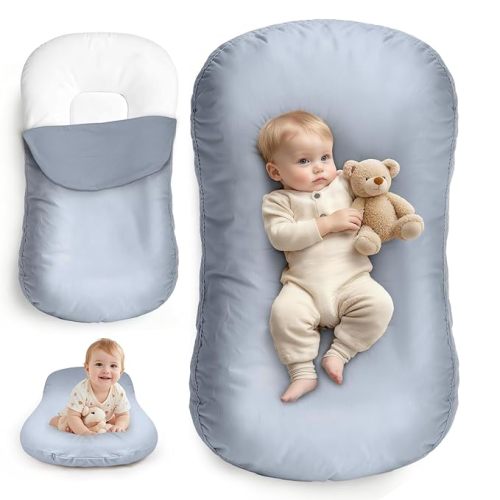 Infant Support Cushion 0-24 Months, Extra Large Baby Lounger | Safe Envelope Cover Machine Washable, Breathable Soft Cotton, Portable Floor Seat for Tummy Time & Travel, Blue
