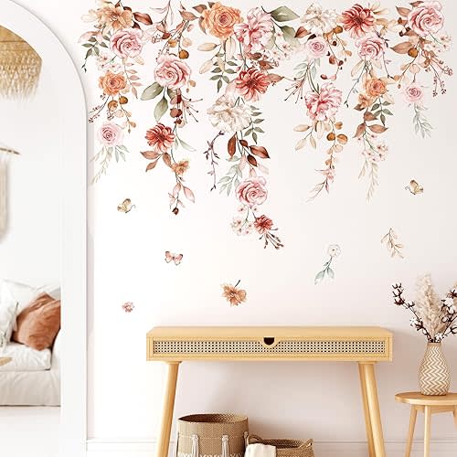 wondever Hanging Flower Vine Wall Stickers Boho Floral Leaves Peel and Stick Wall Art Decals for Living Room Girls Bedroom TV Wall