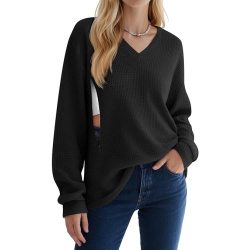 Women’s Waffle Knit Nursing Shirts, Long Sleeve Oversized Breastfeeding Tops Hidden Zipper V Neck Maternity Tops