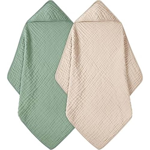 Baby Bath Towels, 100% Muslin Cotton Hooded Baby Towels for Newborn, Infant and Toddler, 2 Pack Soft and Absorbent Unisex Bath Essentials with Large 32x32Inch Size