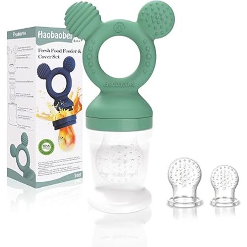 Baby Fruit Feeder, Frozen Teething Toys, Teether Pacifier with 3 Extra Teats, Infant Eating Essentials, BPA Free Baby Feeding Supplies (Grass Green)