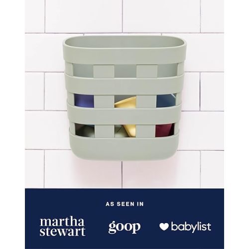 Lalo Bath Time Storage Bin - Keep Items Organized & Dry with Non-Toxic Plastic, Easy Cleanup, Removable Drying Bin, Woven Baby Organizer, Secure Wall Attachment, 9 x 5.5 x 8.5 in - Sage