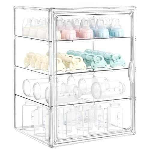 HBlife Baby Bottle Storage Organizer for Countertop Cabinet, 4 Tiers Adjustable Clear Acrylic Bottles Storage Station Case Box Container with 3 Removable Dividers and Magnetic Door, X-Large