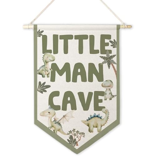 ArtisaEura Little Man Cave Wall Canvas Banners,Dragon Nursery Decor, Sage Green Dinosaur Dragon Hanging Display Pennant Banner Flags, Nursery Wall Decor for Kids Boys Room Bedroom Playroom