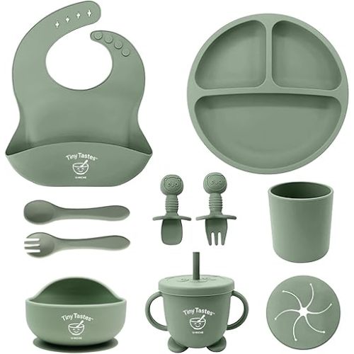 10-Piece Silicone Baby Feeding Set – BPA-Free, Spill-Proof Suction Plate, Bowl, Bib, Snack Cup & Utensils | Dishwasher Safe, Baby Gift Ready (Green)