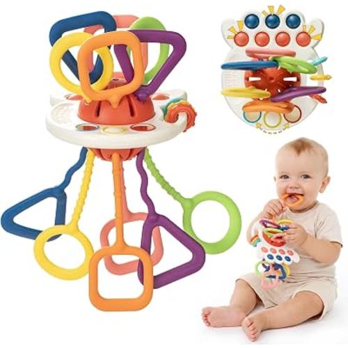 lisfiva Montessori Pull String Sensory Toy for Toddlers | Silicone Teething and Car activities, Gifts for Infant 6-12 Months, 1 Year Old Boy and Girl