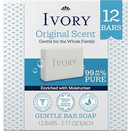 Ivory Gentle Bar Soap, Designed for Whole Family, 99.44% Pure Formula, Plant-Based Cleanser, Made Without Heavy Perfumes, Parabens & Phthalates, For All Skin Types, Original Scent, 3.17 oz (12 Count)