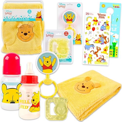 Disney Winnie The Pooh Baby Gift Set - 6 Pc Newborn Essentials Bundle with Blanket, Rattle, Bottle, Teether, Scrapbook Stickers, More | Baby Shower Gifts for Girls, Boys