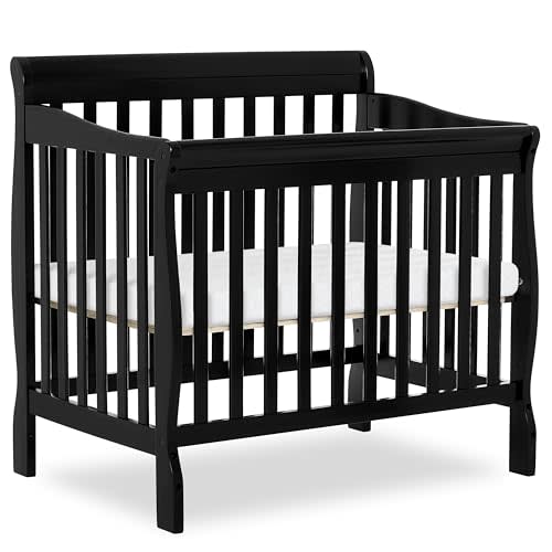 Dream On Me Aden 4-in-1 Convertible Mini Baby Crib in Black, GreenGuard Gold & JPMA, Sustainable Pinewood, Non-Toxic Finish, 3 Mattress Heights, Converts to Mini Day & Twin-Size Bed