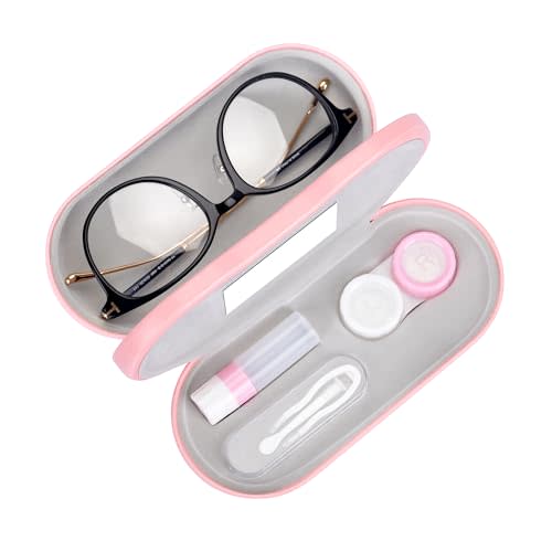 Muf 2 in 1 Contact Lens Case and Glasses Case, Double Sided Design with Mirror, Portable Travel Kit with Tweezer, Remover and Solution Bottle, Pink