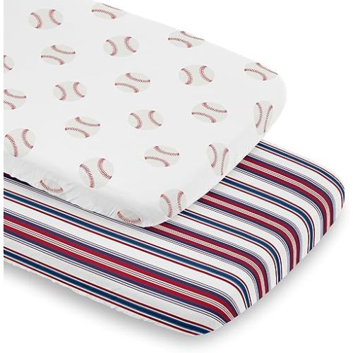 Sweet Jojo Designs 2-Piece Baby Bassinet Sheets Set (Baseballs & Stripes) for Boys, Infant Newborn Nursery, Oval, Rectangle & Hourglass Mattress (Sport, Americana, Athlete, Sports, Red, White & Blue)