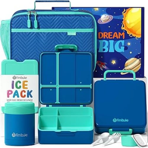 Fimibuke Kids Bento Snack Lunch Box with 4 Compartment, Insulated Bag, Stainless Steel Vacuum Food Jar, Ice Pack, Utensils Set, Birthday Gift for Age 3-12 Back to School Toddler Girl Boy
