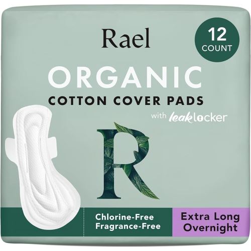 Rael Pads for Women, Organic Cotton Cover - Period Pads with Wings, Feminine Care, Sanitary Napkins, Ultimate Absorbency, Unscented, Ultra Thin (Extra Long Overnight, 12 Count)