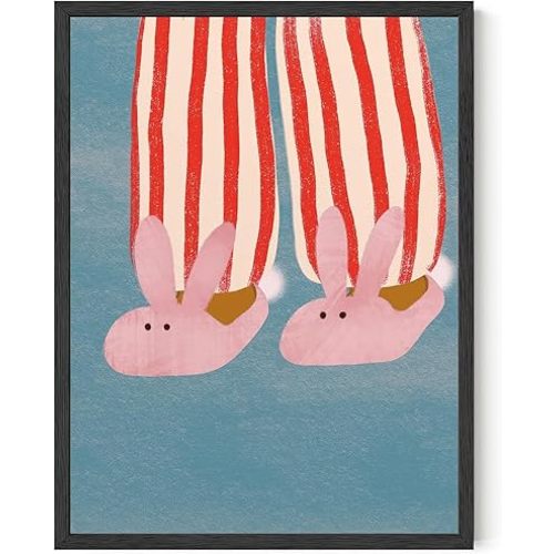 Girls Wall Art Nursery Wall Art Children Artwork A cute drawing of someone wearing pink rabbit slippers 12x16inch Unframed for Bedroom Kids Room Baby Room Classroom