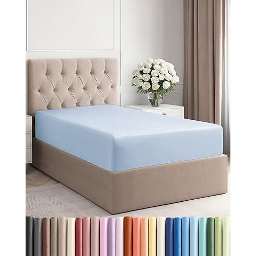 Twin Fitted Bed Sheet - Bottom Single Fitted Sheet Only - Ultra-Soft Hotel Luxury Bedding w/ 8-16 Inch Deep Pockets - Breathable, Cooling & Wrinkle Free - Easy-Fit, Fade & Shrink Resistant - Sky Blue