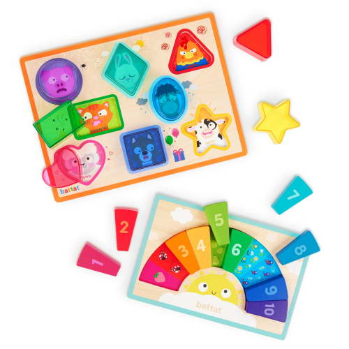 Battat Puzzle Pals Duo Wooden Colors, Shapes, and Feelings Puzzles Set for 18 Months +