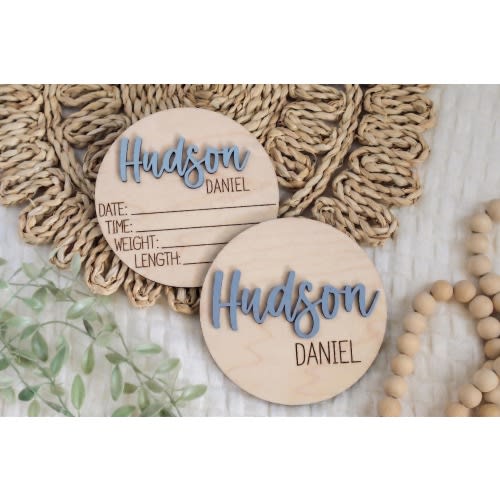 Double-Sided Newborn Name Disc, Baby Birth Announcement Sign, Personalized Name Sign for Hospital, Wood Newborn Photo Prop, Baby Shower Gift