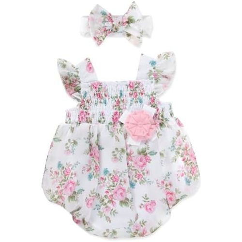 Baby Essentials Baby Girl Romper with Headband, 100% Polyester Infant Outfit for 3 to 9 Months, Spring Summer Baby Clothes