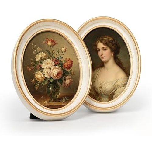 AELS 5x7 Inch Vintage Picture Frame, Set of 2 Elegant Antique Photo Frames with Glass Front, Photo Display, Tabletop Wall Hanging, Gift Ideas, Off-white Oval with Gold Trim