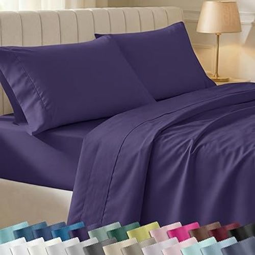 California Design Den Soft Queen Size Cotton Sheet Sets, 400 TC Good Housekeeping Award Winner, Silky Smooth Sateen Weave with Deep Pockets, Breathable and Durable Queen Bedding Set - Purple
