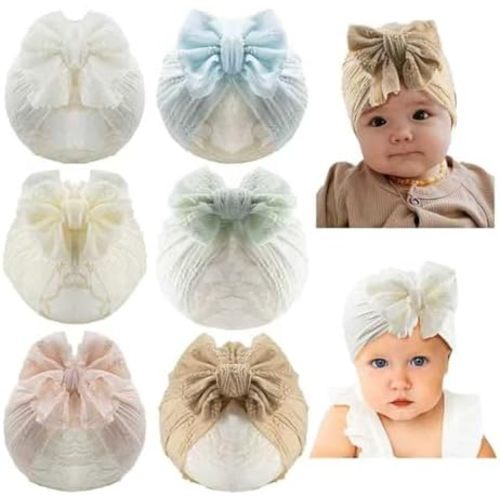 Baby Girls Hair Bow Turban Hat 6PCS Set, Top Bowknot Head Wrap Beanie India Caps for Infant Toddlers