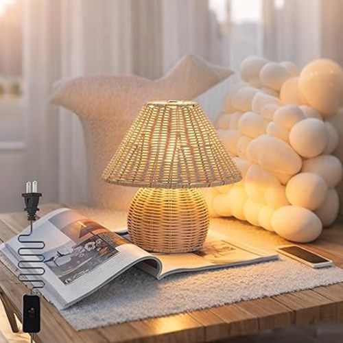 Mini Boho Lamp Rattan Lamps,3 Colors Modes Vintage Wicker Light,Small Table Lights for Bedroom Living Room Home Office Art Decor,7W E26 Bulb Included