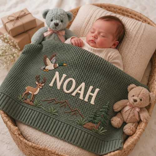 Personalized Name Knit Woodland Flying Duck Baby Blanket, Custom Embroidered Outdoor Moutain Baby Shower Gift, Welcome Baby Blanket