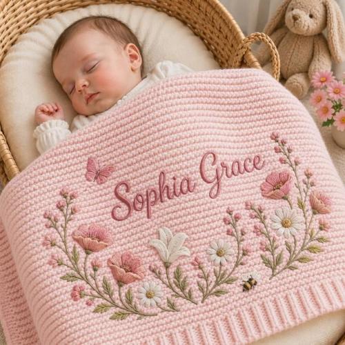 Personalized Wildflower Baby Blanket Name, Custom Embroidered Floral Butterfly Baby Shower Gift, Gift for Baby Girl, Welcome Baby Blanket