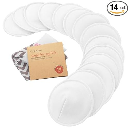 Organic Nursing Pads, 14 Washable Breast Pads,Wash Bag (Soft White, M 4.6") | Viscose Derived from Bamboo, Breast Pads for Breastfeeding, Reusable Nipple Covers, Breastfeeding Essentials, Soft, Absorbent